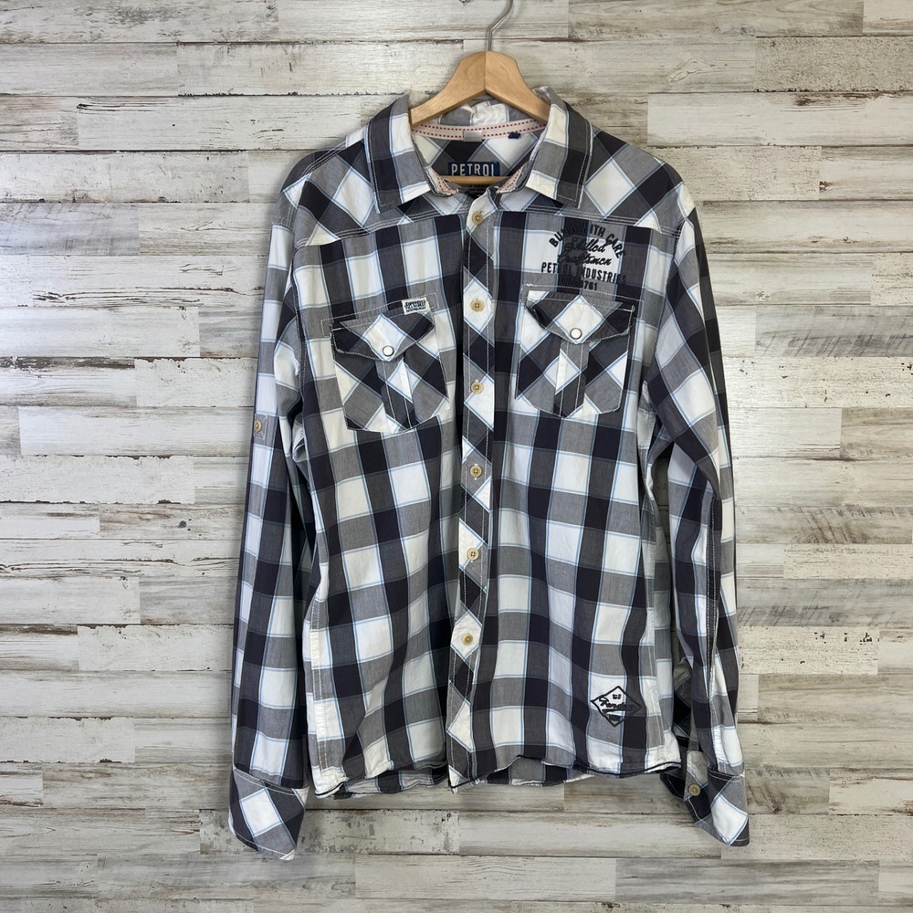Petrol Industries Mens L Plaid Graphic Button Up Shirt Black Blue M115SIS85